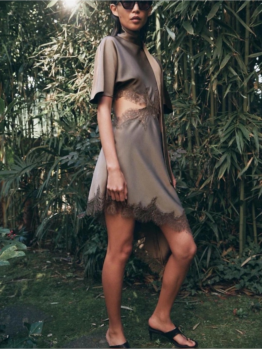 Zara. Taupe Lace Detail Mini Dress – Elegant & Chic